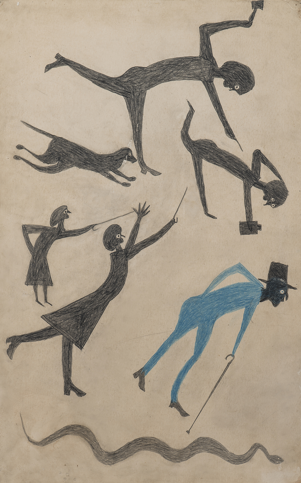 Untitled (Event with Man in Blue and Snake), by Bill Traylor, 1939. Collection of Penny and Allan Katz. Photograph by Gavin Ashworth.