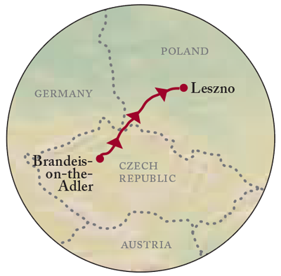 map showing the route of exodus for the Bohemian Brethren families.