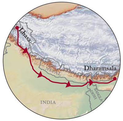 map showing the route of exodus for the Tibetans.