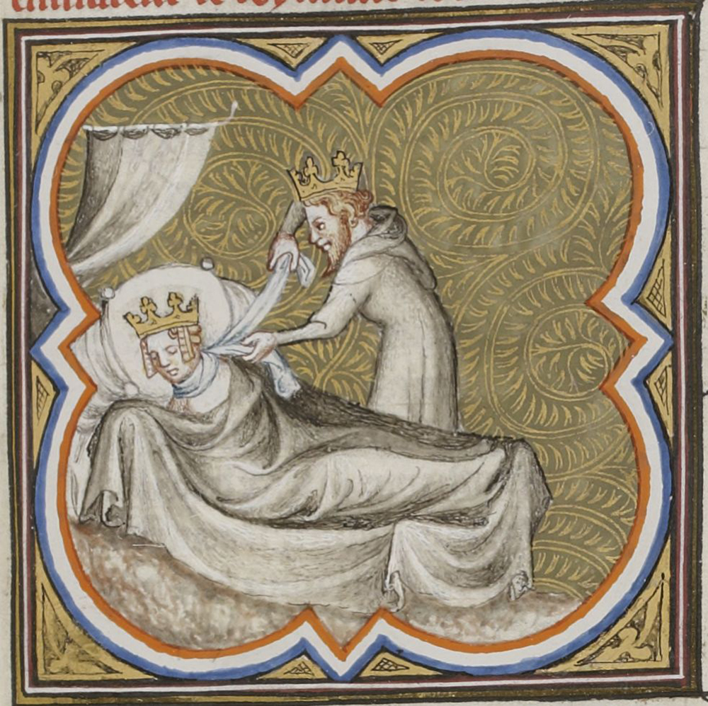 Strangling of Galswinthe by Chilperic, from the “Great Chronicles of France,” c. 1375. Gallica Digital Library.