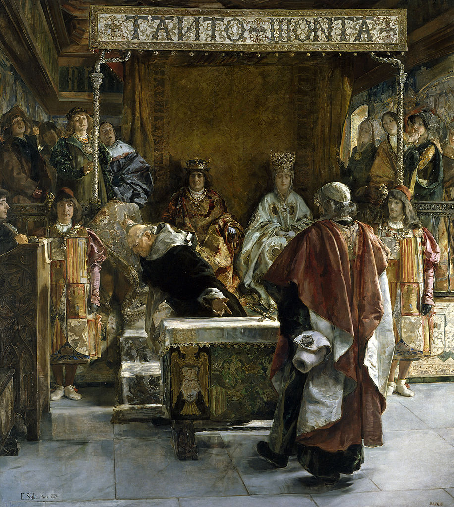 A painting depicting the Grand Inquisitor friar Tomás de Torquemada in 1492 offers to the Catholic Monarchs the Edict of expulsion of the Jews from Spain for their signature.