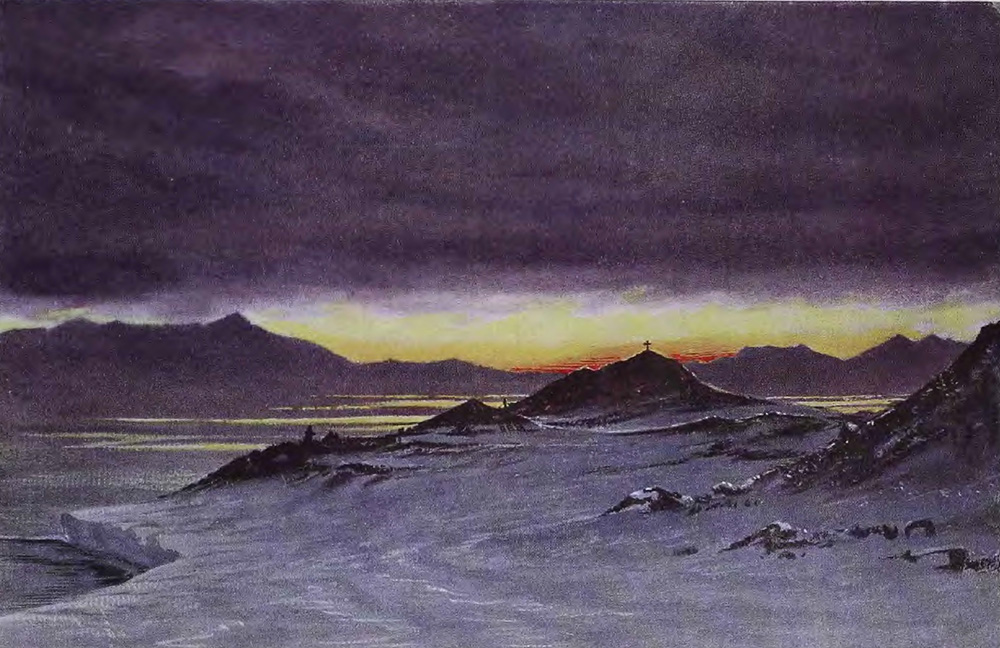 Hut Point, Midnight, March 27, 1911, by Edward A. Wilson, from Scott’s Last Expedition, Vol. 1, by Robert Falcon Scott, 1914.]