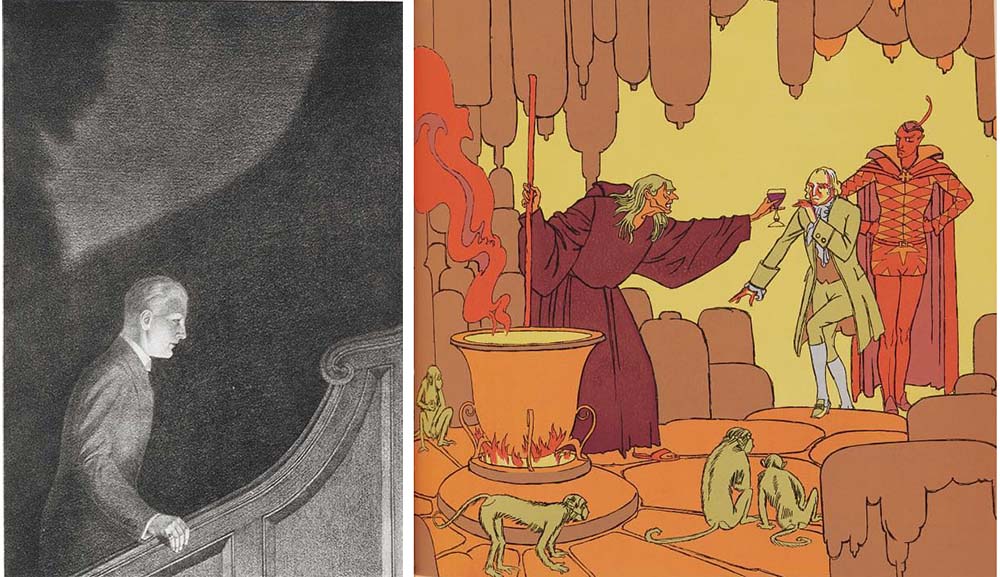 Left: Illustration from Oscar Wilde’s The Picture of Dorian Gray, by Henry Keen, 1925. Right: Illustration from Johann Wolfgang von Goethe’s Faust, by René Clarke, 1932.