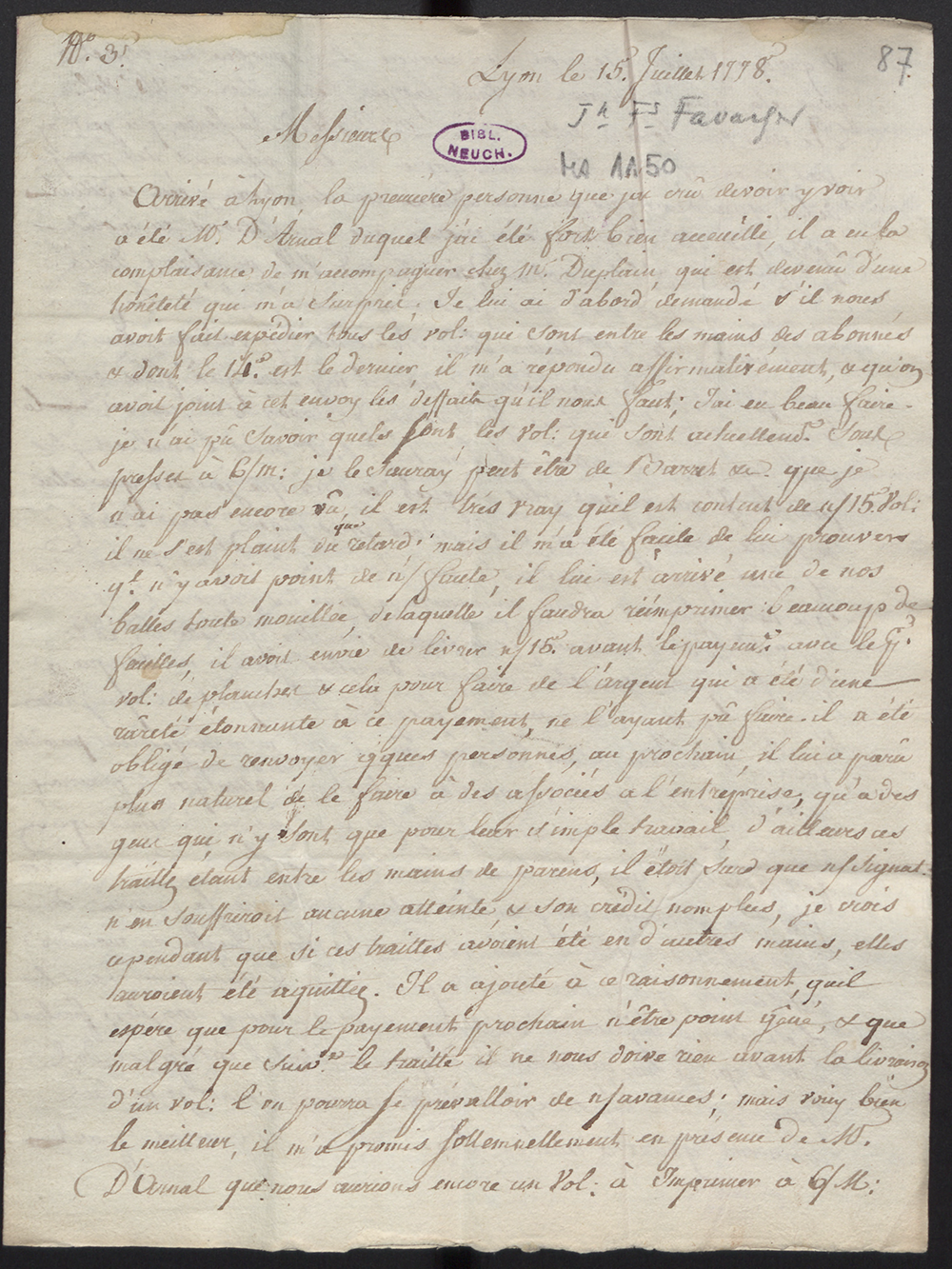 First page of a letter from Jean-François Favarger, sent from Lyon on July 15, 1778. Bibliothèque Publique et Universitaire de Neuchâtel.