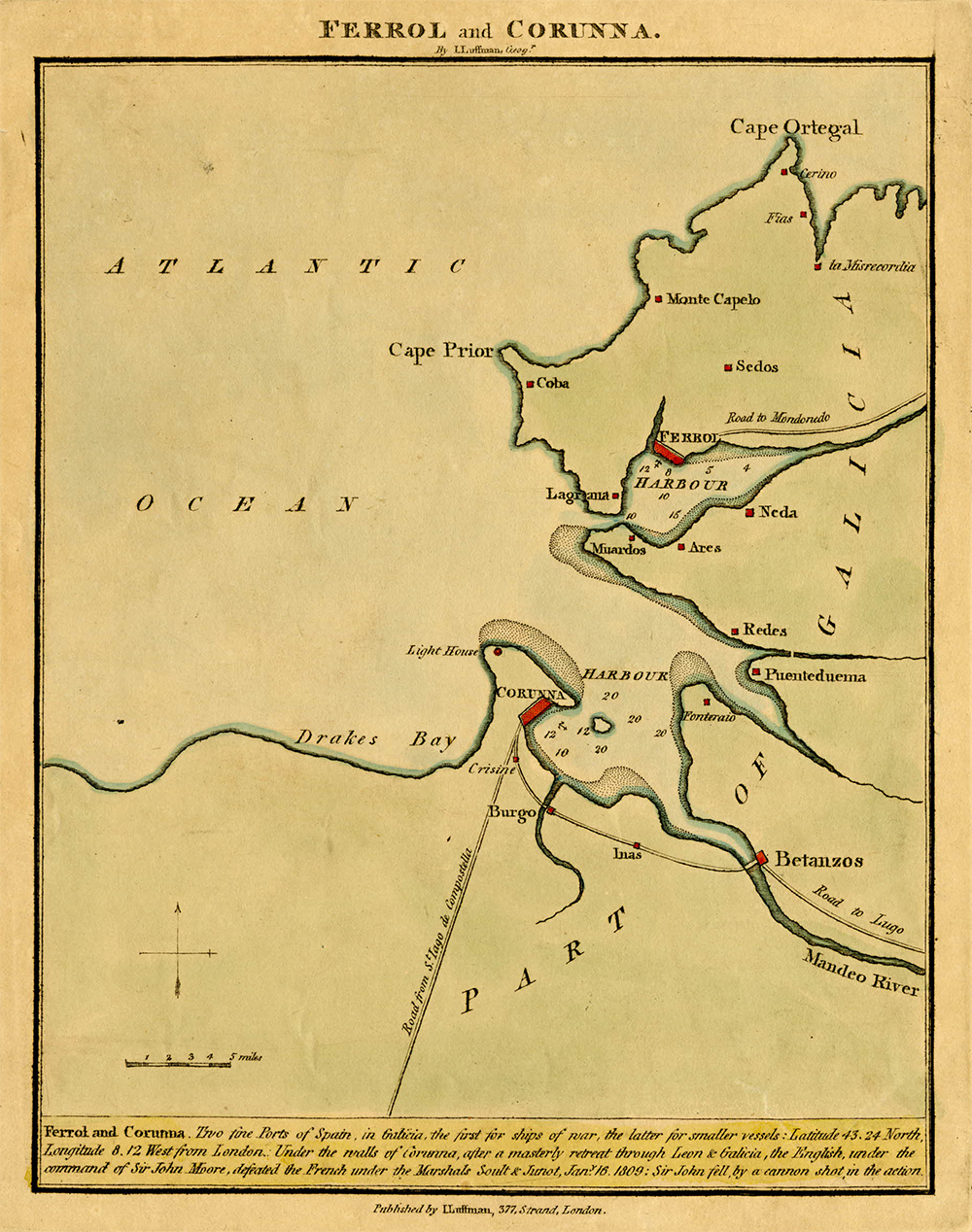 Map of part of Galicia showing the harbors of Ferrol and Corruna, by John Luffman, c. 1809. © The Trustees of the British Museum.