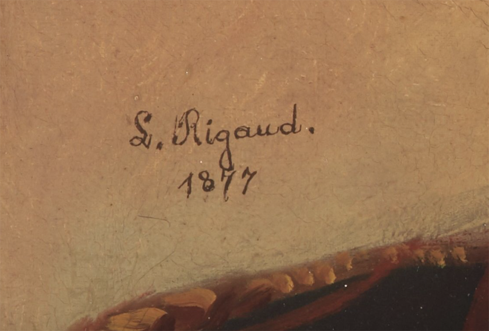 Signature of L. Rigaud on his 1877 portrait of Henry Christophe in the Peabody’s Collection, 2012. Photograph by Mark Aronson. Peabody Museum, Yale University.