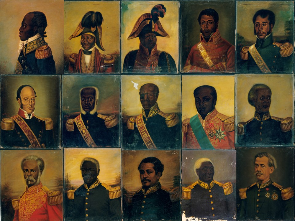 Compiled images of the fifteen L. Rigaud portraits of Haitian figures before their restoration, 2012. Photograph by Mark Aronson. Peabody Museum, Yale University.