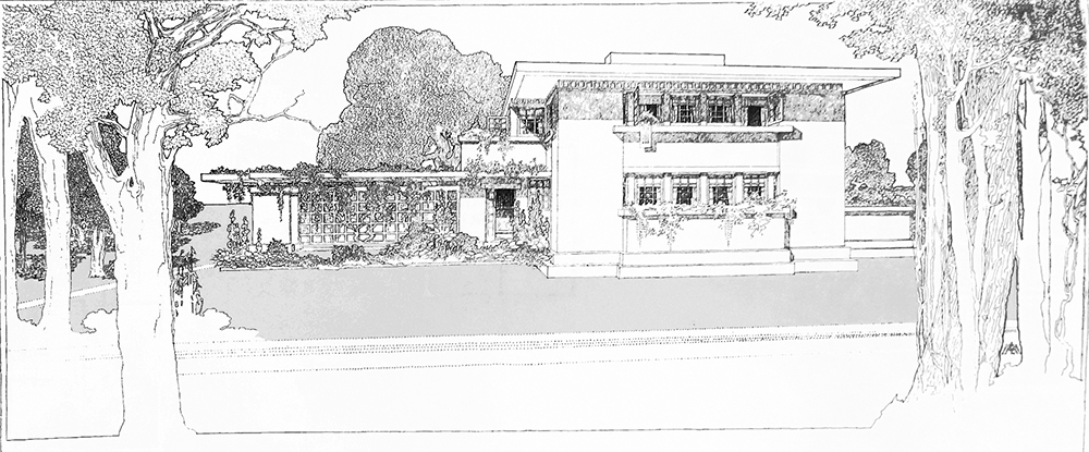 “A Fireproof House for $5,000,” illustration by Frank Lloyd Wright in Ladies’ Home Journal, 1907. Wikimedia Commons.