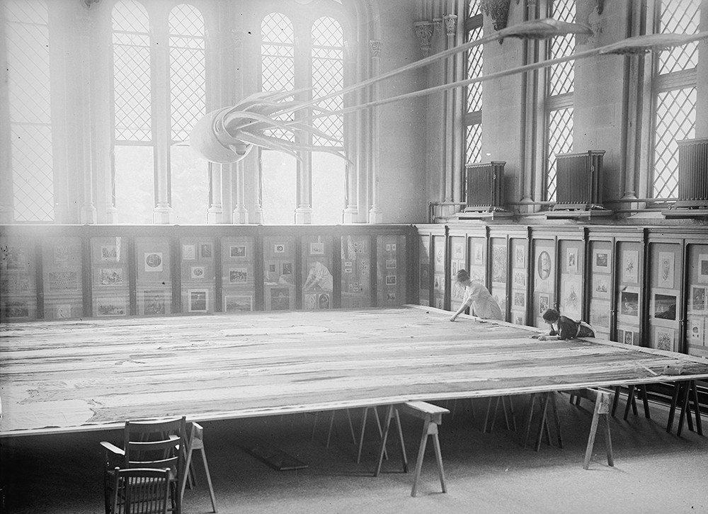 Photograph showing the “Star-Spangled Banner,” the flag flown during the War of 1812, on display at the Smithsonian Castle.