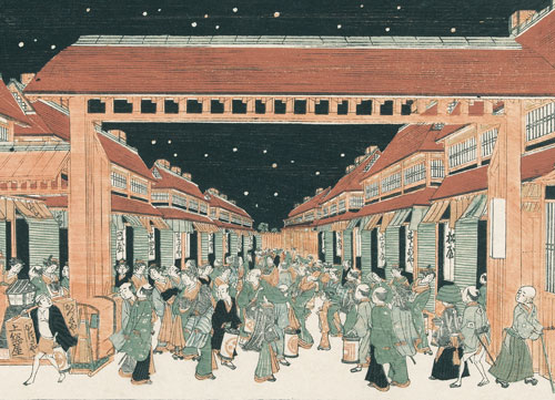 A color woodcut of a crowd of people, dressed in traditional Japanese clothing, milling on a street, going in and out of shops, looking in windows.