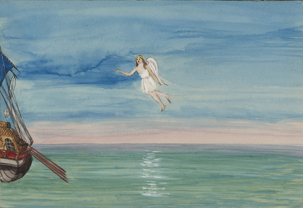 From Charles Kean’s watercolor set designs for The Tempest, 1857.