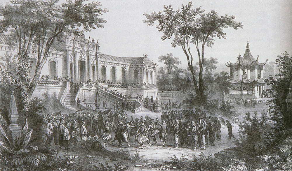 Illustration of the occupation of the Old Summer Palace by G.C. de Fortavion, an artist who accompanied the French high command, 1860. MIT Visualizing Cultures.