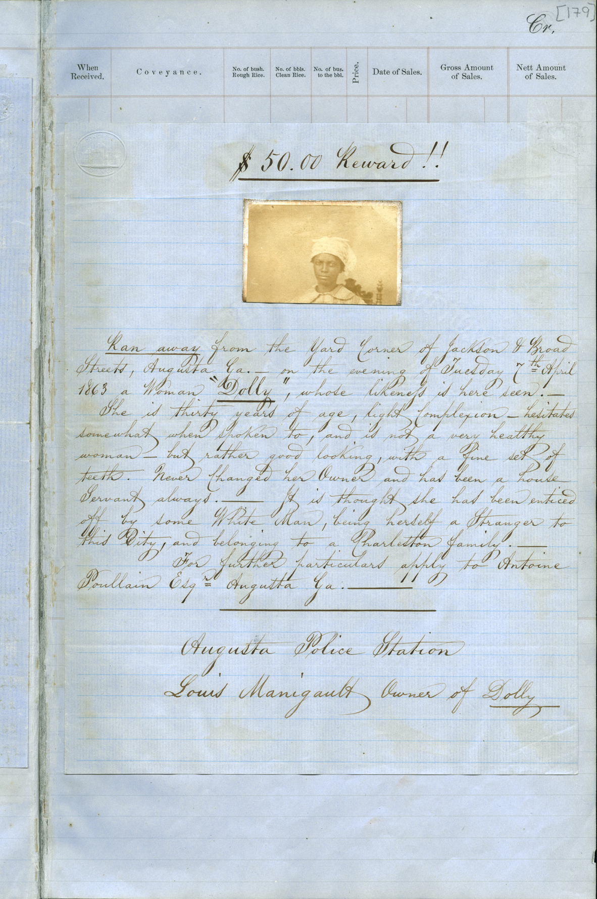 Fugitive slave advertisement for Dolly, 1863. Manigault Plantation Journal, p. 179, Manigault Family Papers #484, The Southern Historical Collection, Wilson Library, The University of North Carolina at Chapel Hill.