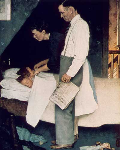 Woman and man tucking children into bed