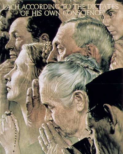 Profiles of several people, including a woman clasping a rosary and another with her hands lifted to her mouth in prayer
