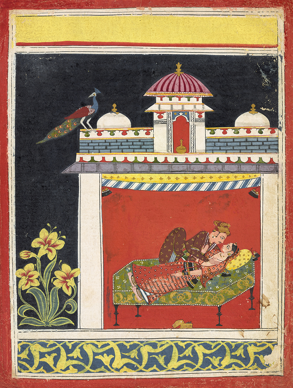 Two lovers in a pavilion, from an Amarushataka (Hundred poems of Amaru), or an unidentified erotic series, Malwa school, c. 1680.