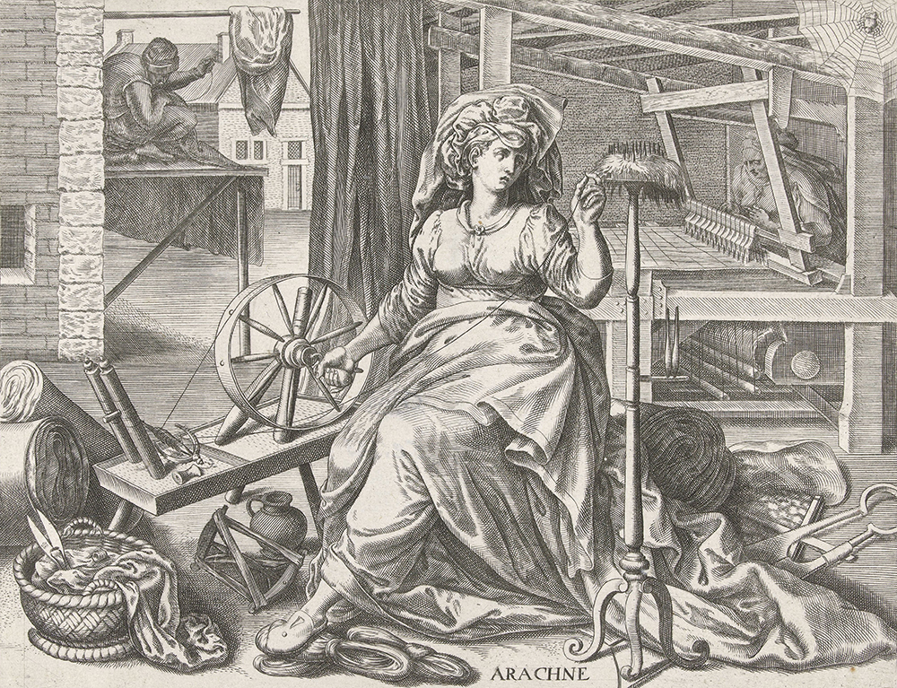 <em>Arachne</em>, by Philips Galle, after Marten van Cleve, after Frans Floris, 1574. Rijksmuseum. Arachne, engraving by Philips Galle, after Marten van Cleve, after Frans Floris, 1574. Rijksmuseum.