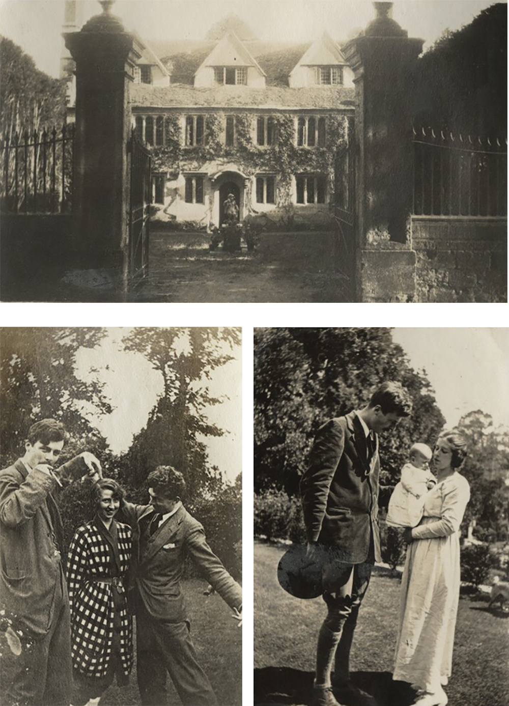 Top: Garsington, 1922. Bottom left: Aldous Huxley, Dorothy Brett, and Mark Gertler, 1917. Bottom right: Aldous, Maria, and Matthew Huxley, 1920. Photographs by Ottoline Morrell.