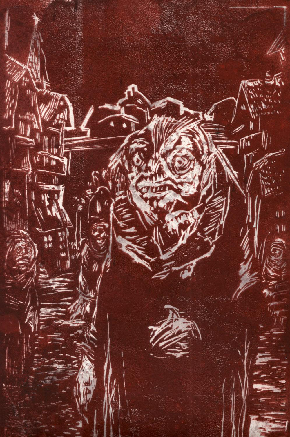 “The residents of the town of Innsmouth are notorious for a certain ‘look,’ which is the result of interbreeding with sea monsters,” by David Gassaway, 2015. Acrylic monoprint.