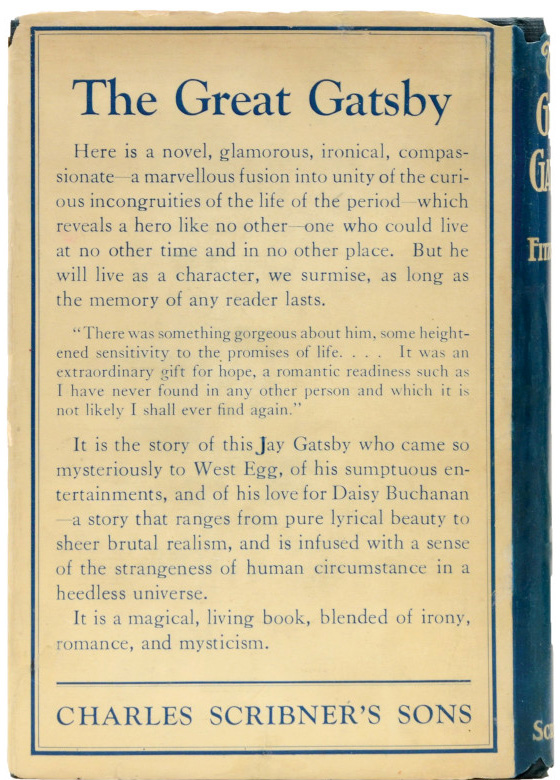 Back cover of the first edition of The Great Gatsby.