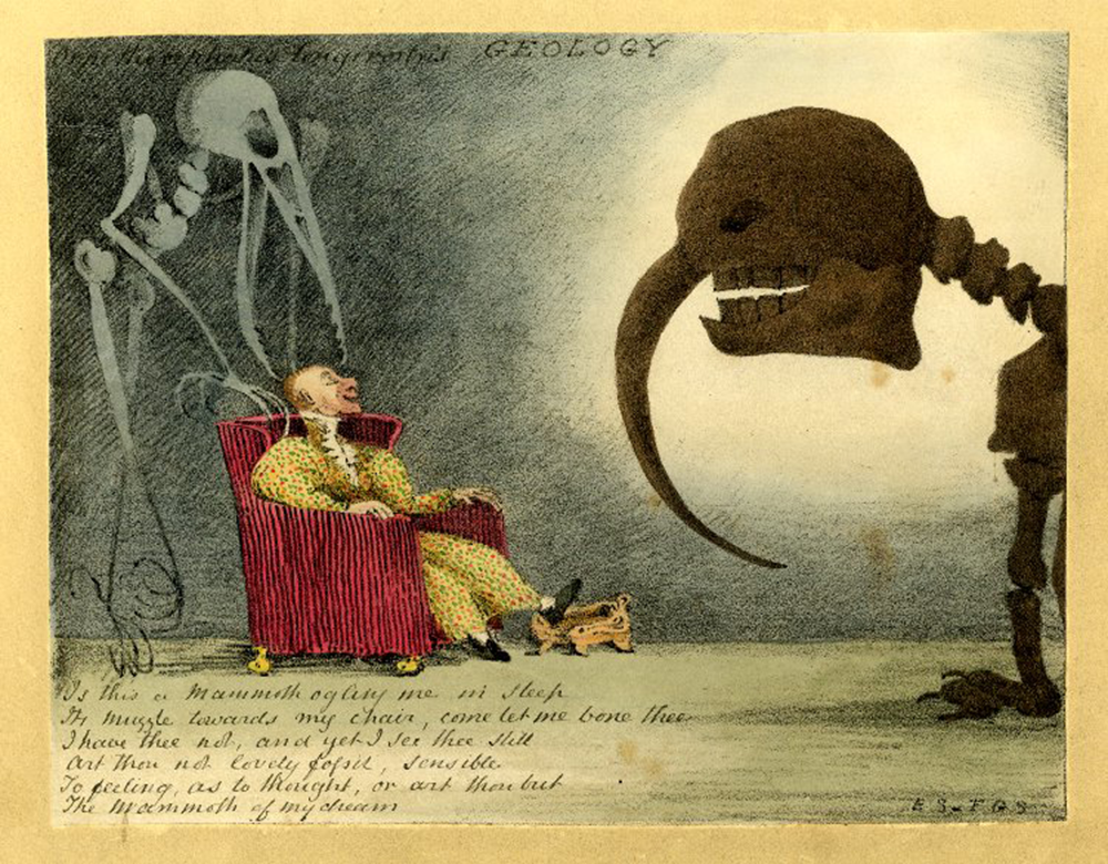 Geology: satire with a man sleeping in an armchair, dreaming as the skeleton of a bird stands over his head and a mammoth appears before him, 1840s. © The British Museum.