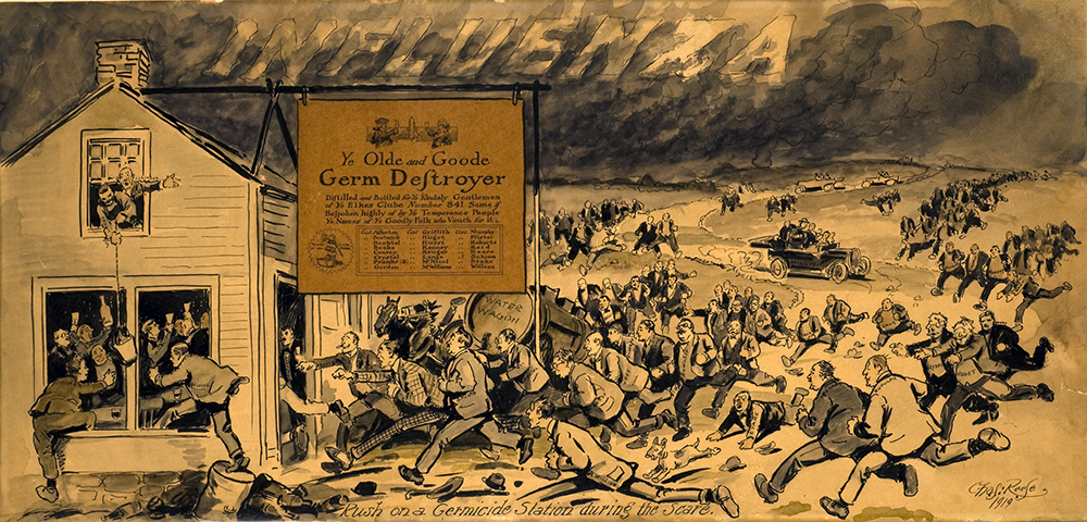 Rush on a Germicide Station During the Scare, by Chas Reese, 1919. U.S. National Library of Medicine, Gift; Bill Helfand; 2002.