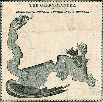 illustration of a map in the shape of a snake titled The Gerrymander