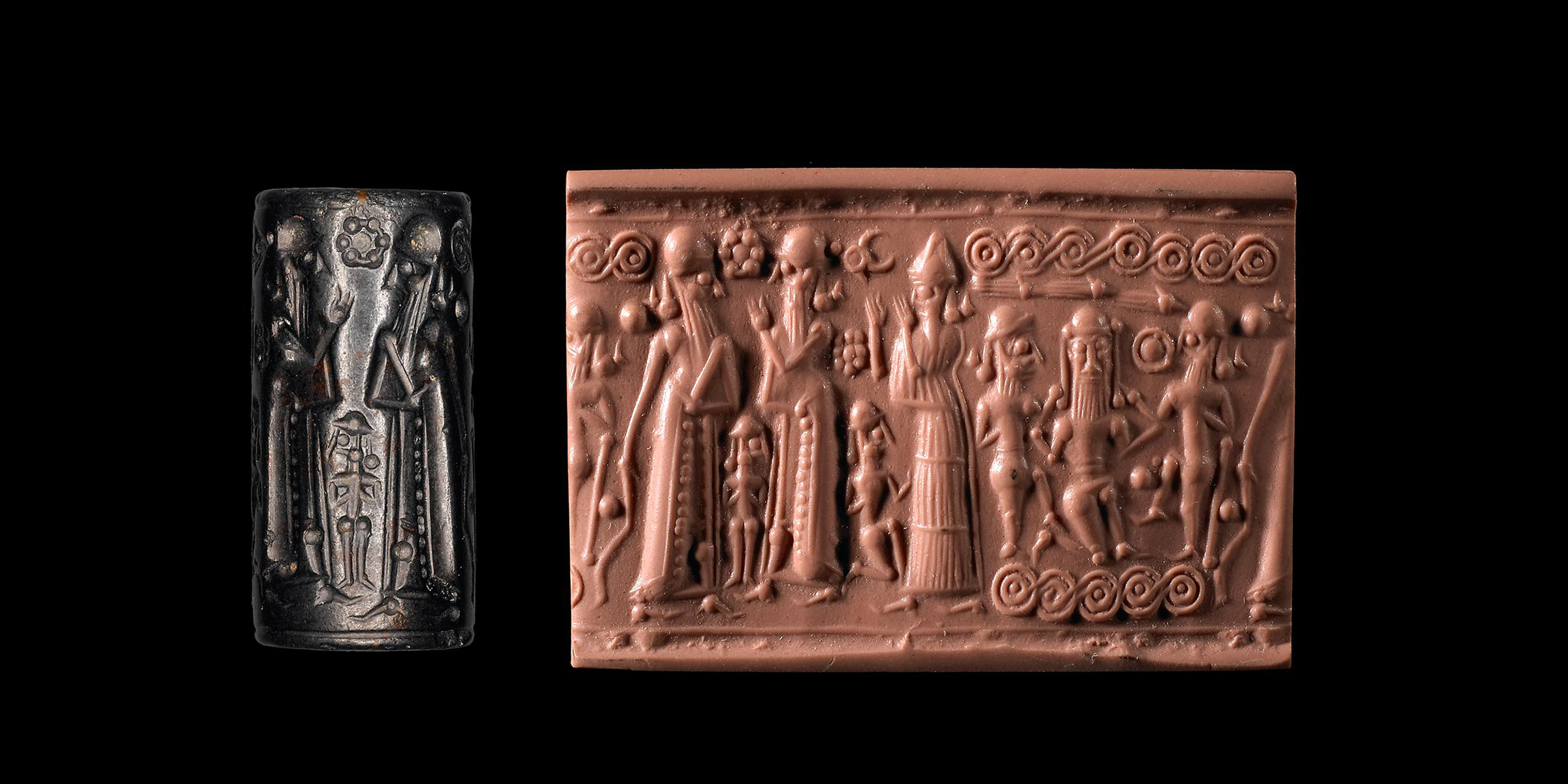 Cylinder seal showing Gilgamesh and Enkidu killing the giant Humbaba, Mitannian, c. 1400–1300 BC.