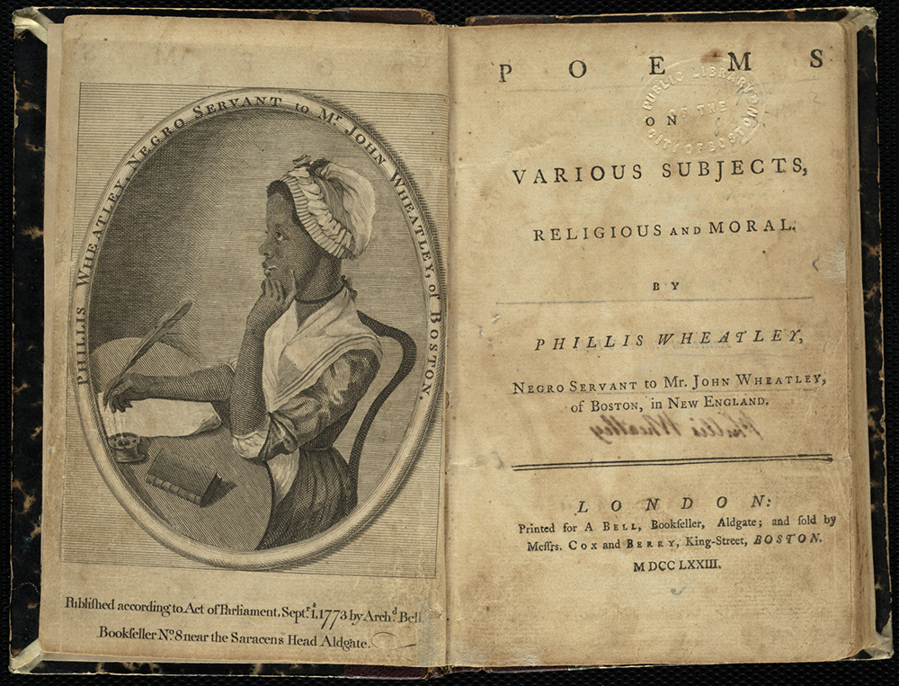 Title page and frontispiece from Poems on Various Subjects, Religious and Moral, by Phillis Wheatley, 1773. Boston Public Library, Rare Books & Manuscripts Department. 