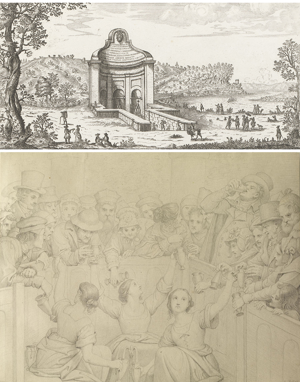 Top: The Fontana dell’Acqua Acetosa in Rome, by Giovanni Battista Falda, 1665. Bottom: Scene at Spa, by Moritz Retzsch, 1851.
