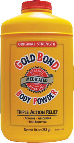 A bottle of Gold Bond medicated powder.