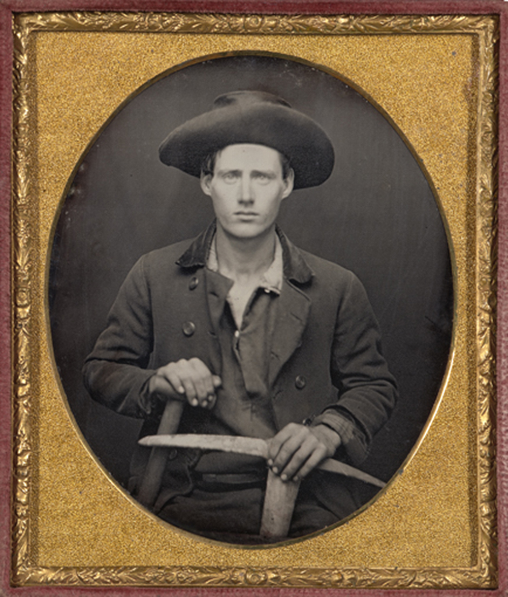 Portrait of a California gold miner with pick and shovel, sixth-plate daguerreotype, c. 1850. The Nelson-Atkins Museum of Art.