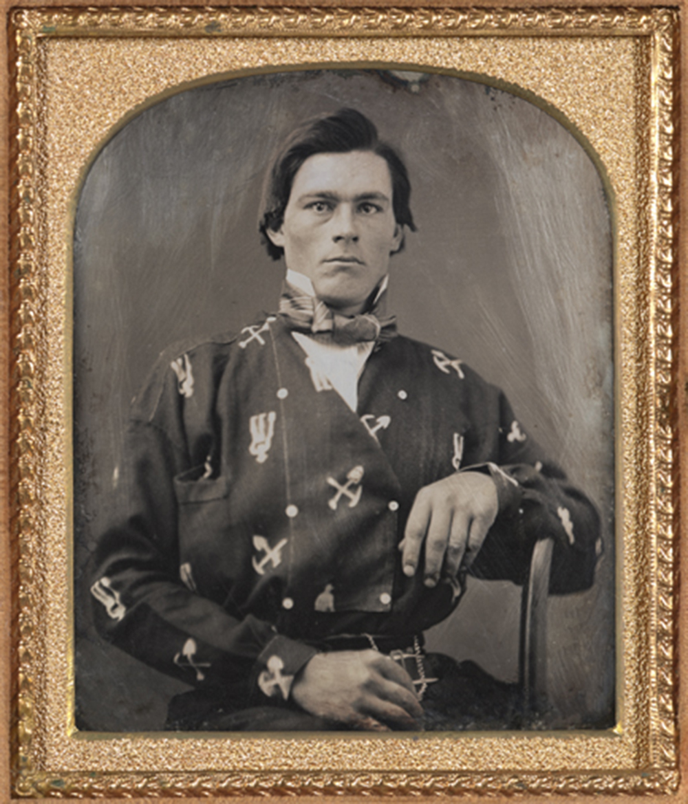 Portrait of Lyman Alvinson Rundell in mining-themed shirt, sixth-plate daguerreotype, c. 1855. The Nelson-Atkins Museum of Art.