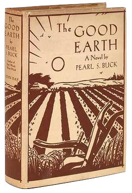 Cover of the book The Good Earth, brown printing on a beige background shows a plowed field and a rising sun.