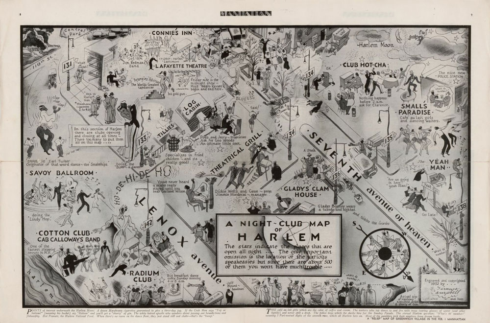 A hand-drawn map of Harlem showing the locations of nightclubs.