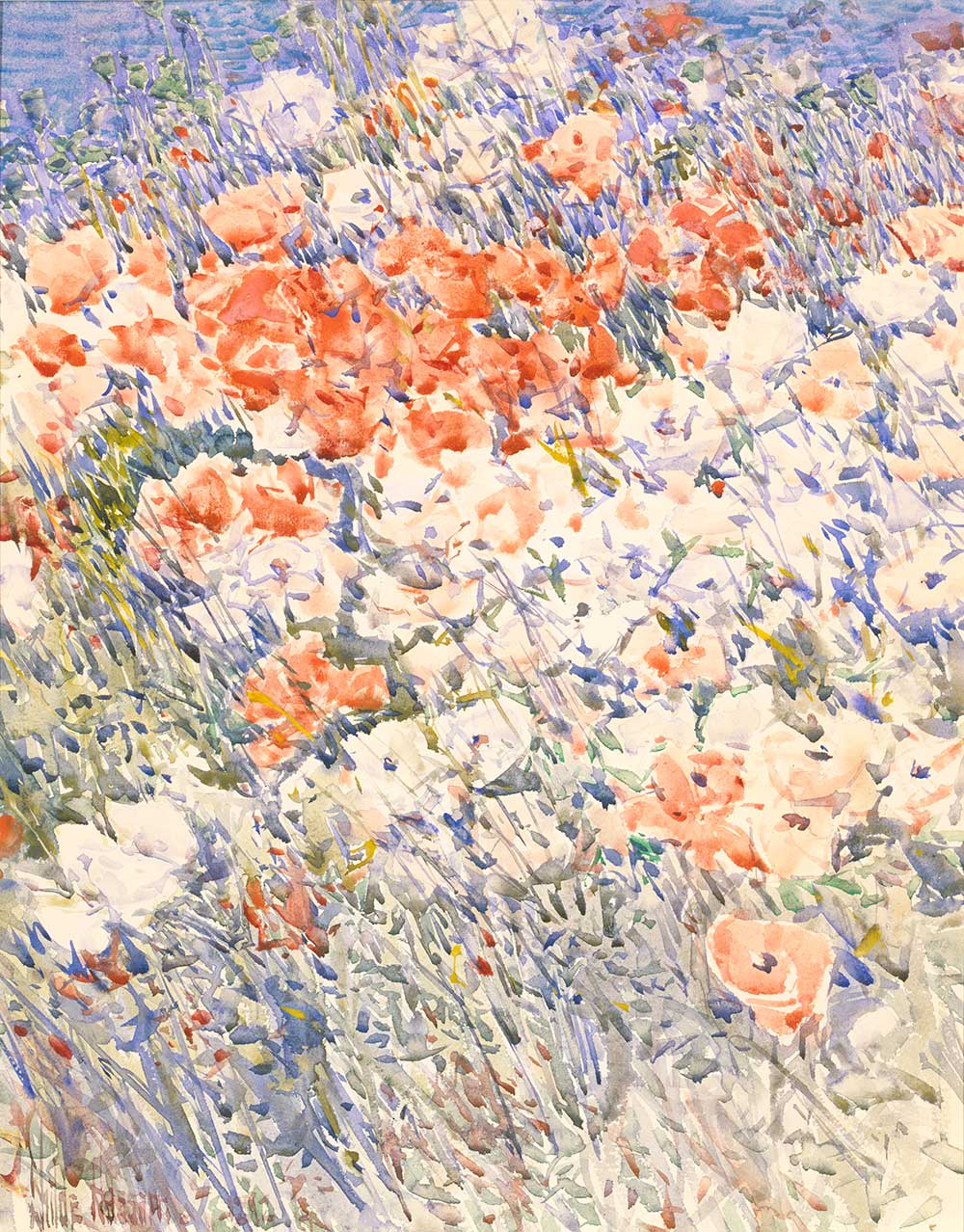 Painting of red flowers against a blue background