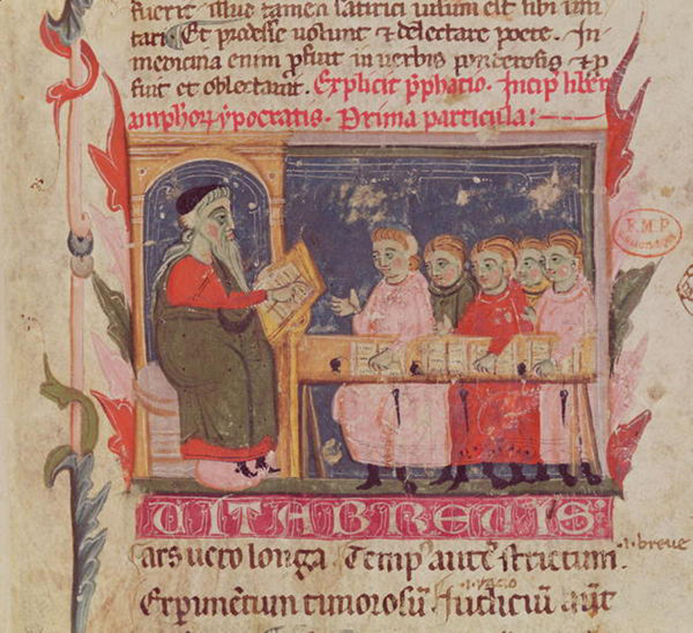 Detail of the first page of “Aphorisms” by Hippocrates with “Comments” by Galen, c. fifteenth century. Bibliotheque de la Faculte de Medecine, Paris, France / Archives Charmet / Bridgeman Images.