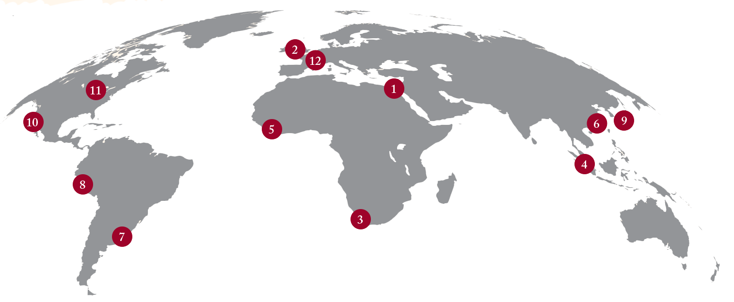 World map with numbers indicating the locations of the events described below