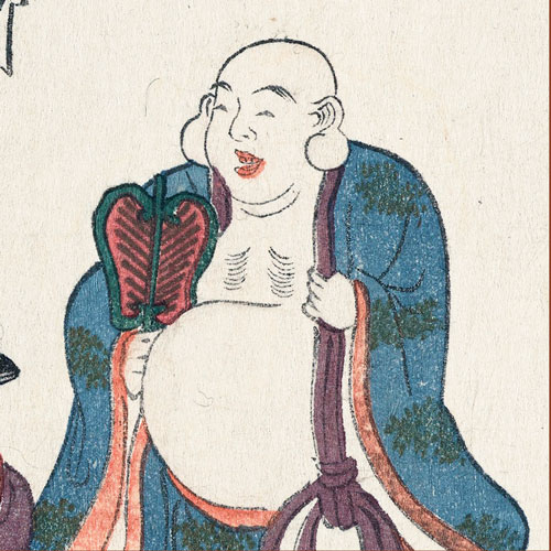 A drawing of a large laughing man wearing a long robe.