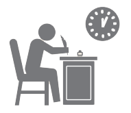 Figure writing at desk with clock above