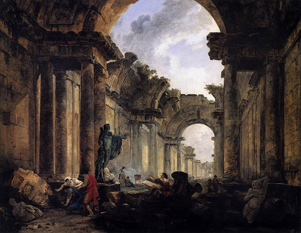 Imaginary View of the Grande Galerie in the Louvre in Ruins, by Hubert Robert, 1796. Wikimedia Commons, Louvre Museum.