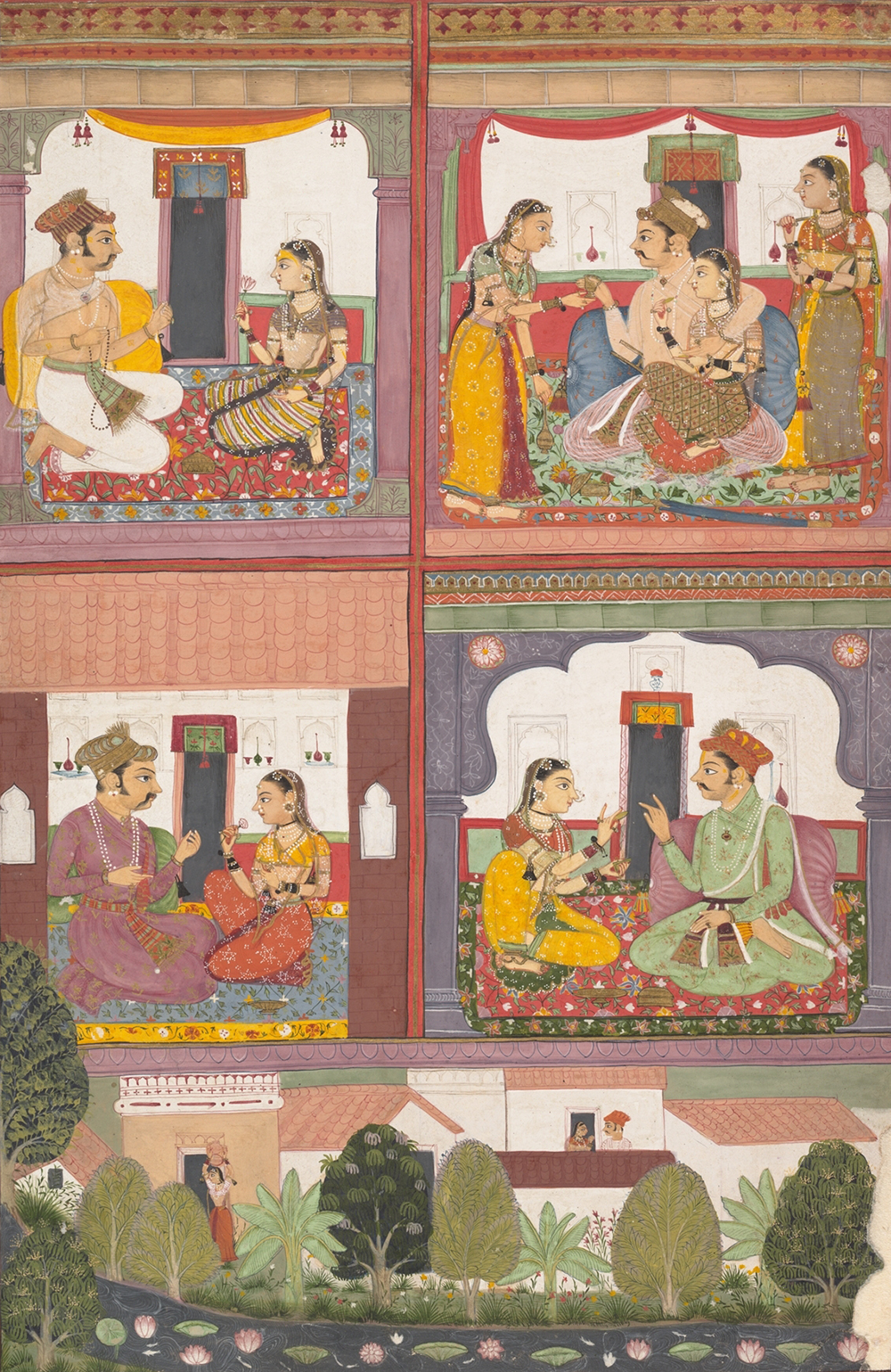 Four Love Scenes and a Landscape, page from a dispersed Raskapriya, c. 1700. The Metropolitan Museum of Art, Rogers Fund.