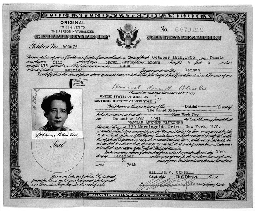 Hannah Arendt’s U.S. Certificate of Naturalization, 1951. Hannah Arendt Papers, Library of Congress.