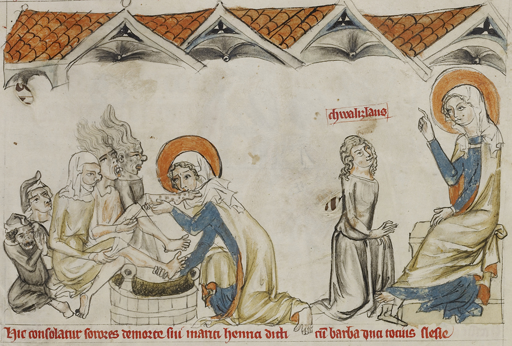 Saint Hedwig washing the feet of lepers, from a Silesian manuscript, 1353