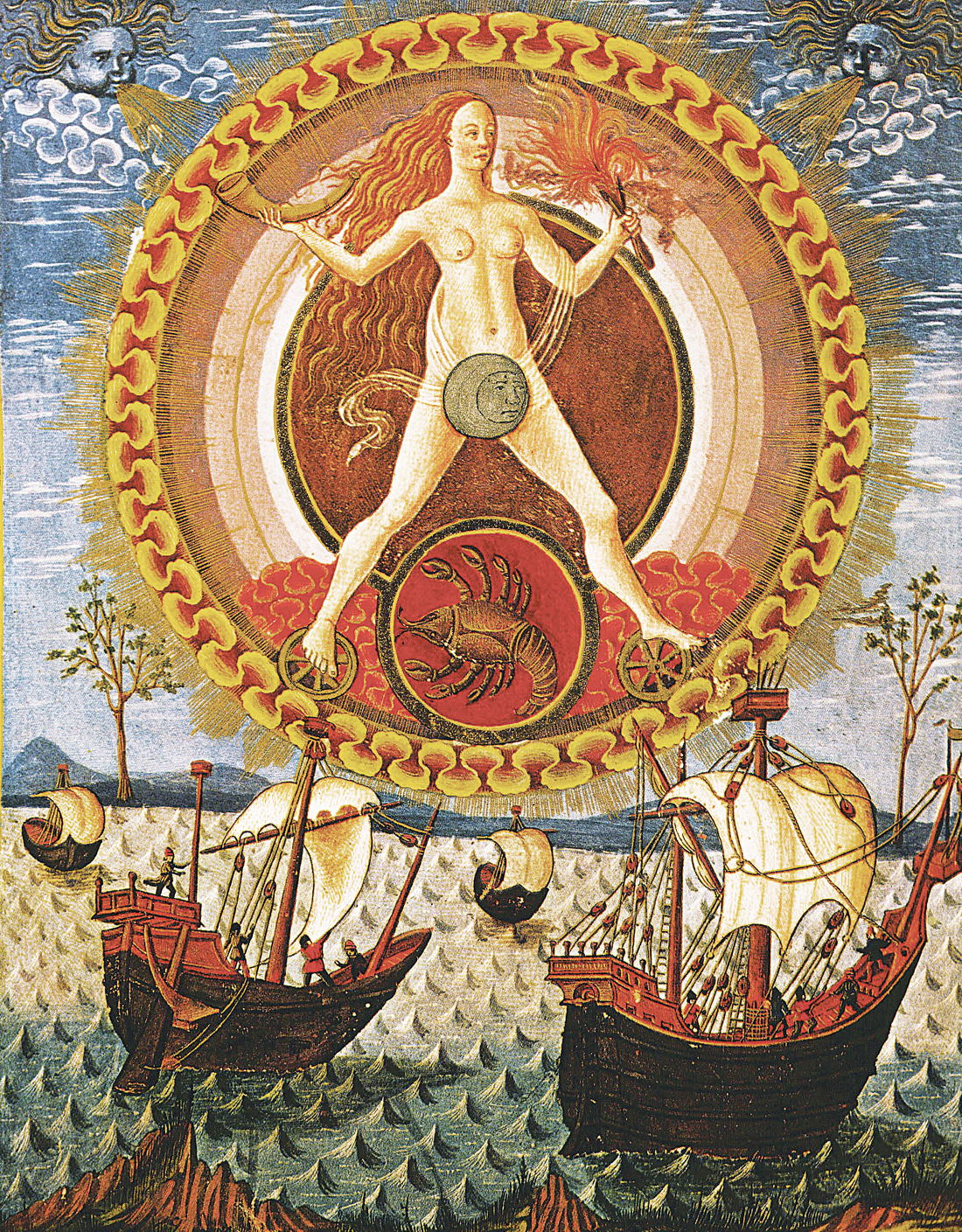 The moon accompanies ships sailing under the sign of Cancer, from a manuscript of De Sphaera, fifteenth century. Biblioteca Estense, Modena, Italy. 