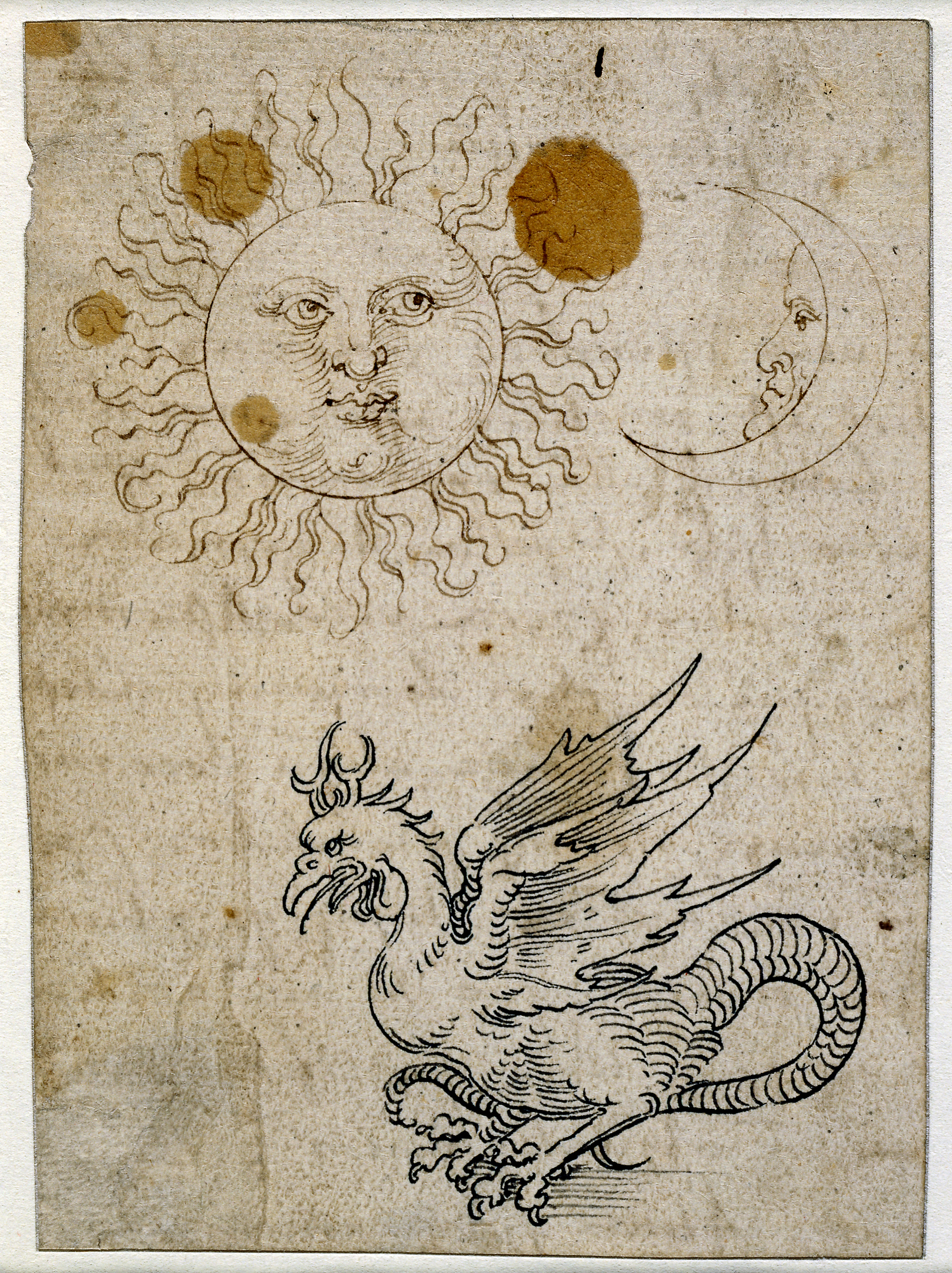 Pen and ink drawing of the sun and a dragon.