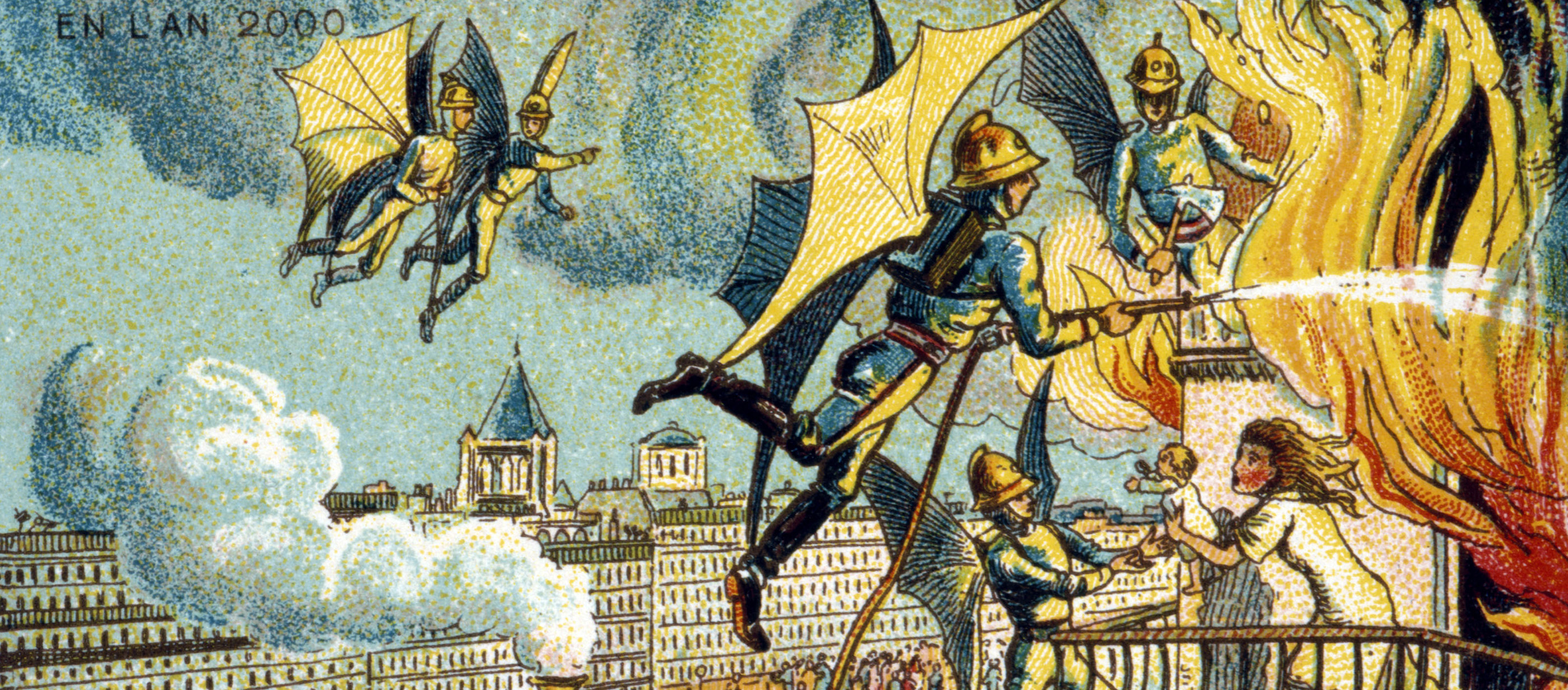 “Flying Fireman,” color lithograph from the series Visions of the Year 2000, by Jean-Marc Côté, 1899. 