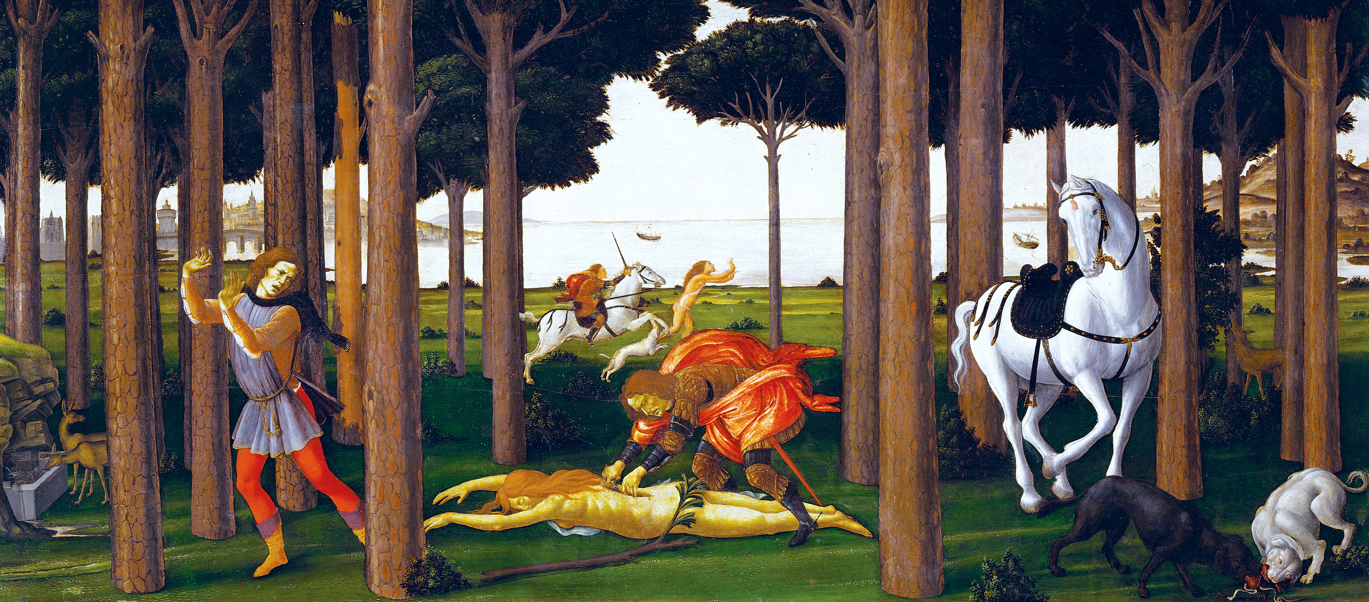 Story of Nastagio degli Onesti, second panel, by Sandro Botticelli, 1483, based on Boccaccio’s Decameron. Young man flees from a knight reaching into the open back wound of a nude woman lying facedown