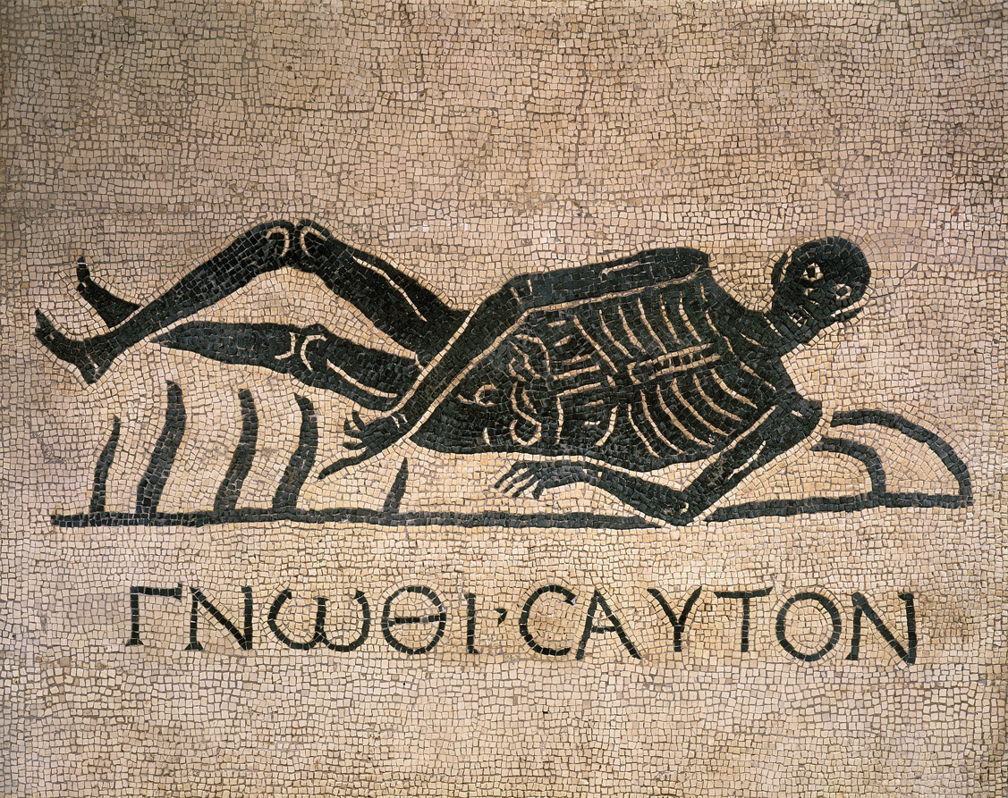 Corpse pointing to aphorism in Greek meaning “Know thyself,” mosaic from Convent of St. Gregory, Rome, fourth century.