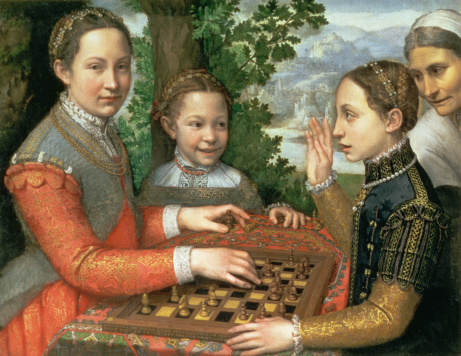 "Sisters Playing Chess" Renaissance painting of three sisters playing chess.